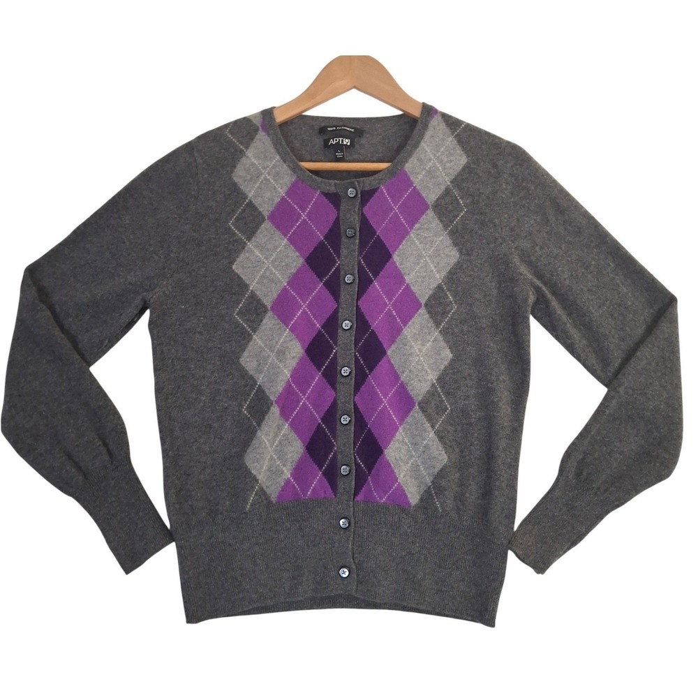 Apt. 9 Cashmere Cardigan Sweater Womens Large Gray Purple Argyle Button Front